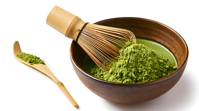 Matcha green tea powder in a bowl, ready to be whisked for mixing