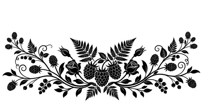 Black Floral Ornament with Berries and Roses Silhouette Banner