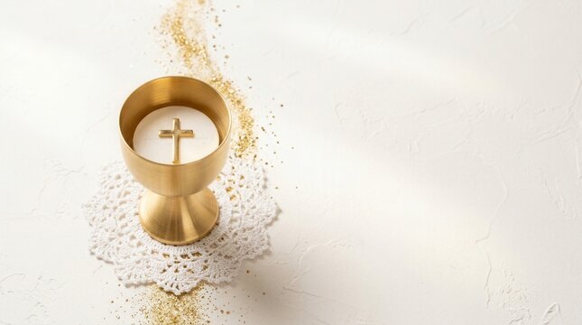 Religious symbol of a golden chalice with cross on lace and glittering particles for holy sacrament invitation.