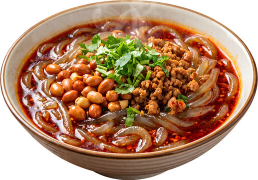 Close up of spicy numbing red oil meat minced powder noodles with peanuts and cilantro garnish