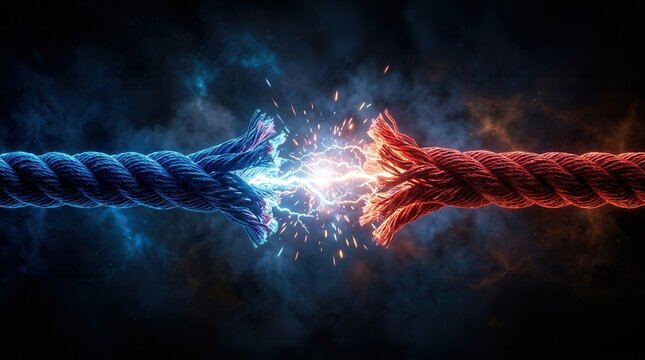 Bright electric sparks and energy arcs flash between frayed ends of two thick blue and red ropes.