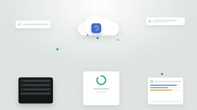 Abstract animated files syncing between devices and a data centre drawn as blue and cyan lines and dots on a bright, clean light background. Seamless looping 4K video element with free space around it