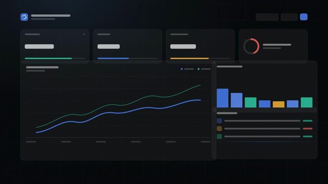 Abstract animated analytics dashboard updating its charts drawn as blue and cyan lines and dots on a deep dark background. Seamless looping 4K video element with free space around it, ideal for dashbo