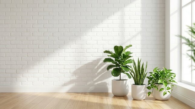 Sunlit room featuring a white brick wall, wooden floor, and potted plants for presentations.
