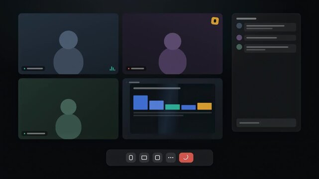 Abstract animated participants filling a video conference grid drawn as blue and cyan lines and dots on a deep dark background. Seamless looping 4K video element with free space around it, ideal for b