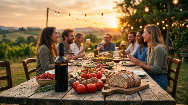 Outdoor country party with lights where people eat dinner at a long wooden table during sunset.