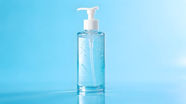 Clear pump bottle with blue gel on blue background