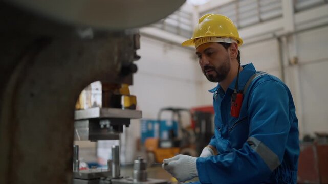Worker wears hard hat, blue jumpsuit, and white gloves. He operates heavy industrial press with focused expression