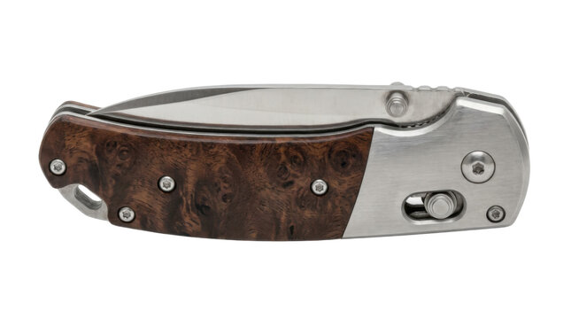Folding knife with wood handle and stainless steel blade PNG Isolated on transparent background