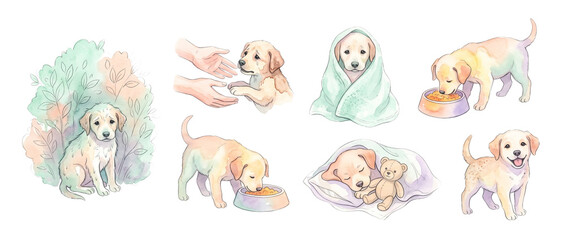 Obraz premium Cute puppy rescue watercolor illustration set featuring stray dog adoption, pet care, feeding food, blanket, sleeping teddy bear, and happy puppy isolated elements for creative animal clipart design.