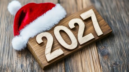 Obraz premium 2027 Wooden Numbers Decorated With Santa Claus Red Hat Resting On Rustic Dark Wood Background