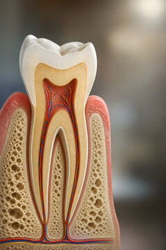 Premolar longitudinal section with two roots and canals