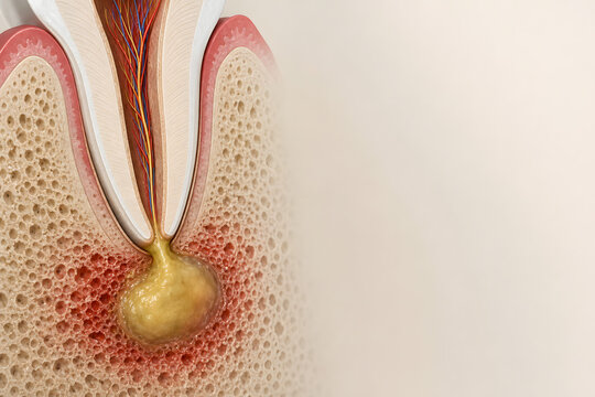 Periapical abscess at tooth root tip cross section