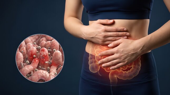 Woman Holding Abdomen with Intestinal Pain Medical Illustration
