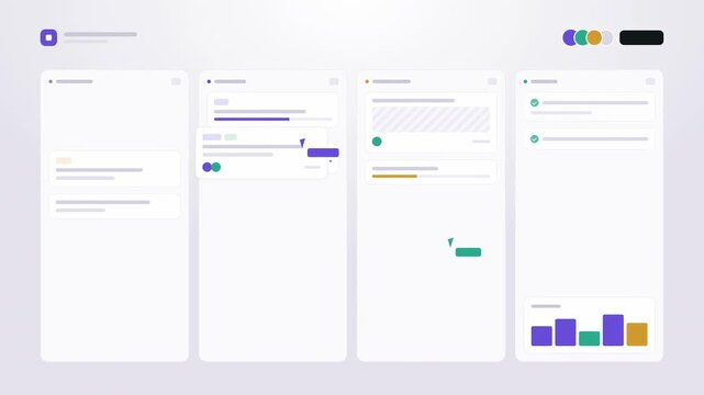 Abstract animated cards moving across a kanban board drawn as blue and cyan lines and dots on a bright, clean light background. Seamless looping 4K video element with free space around it, ideal for b