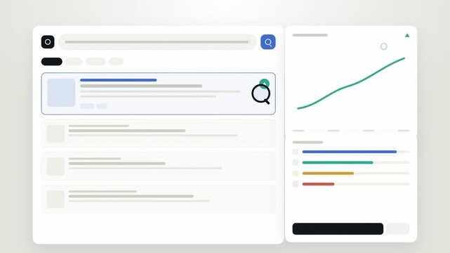 Abstract animated search results climbing the rankings drawn as blue and cyan lines and dots on a bright, clean light background. Seamless looping 4K video element with free space around it, ideal for