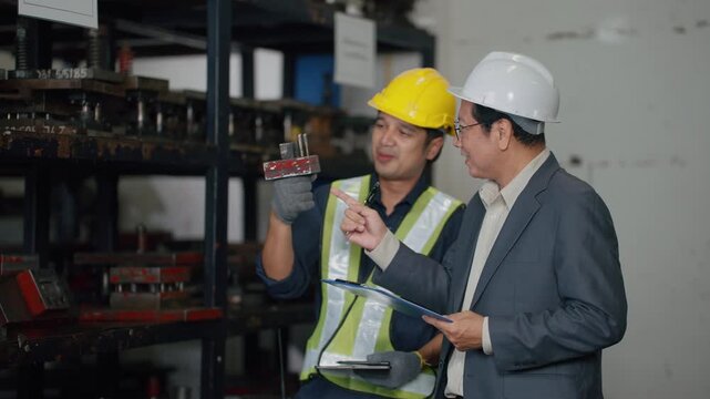 Two workers inspect metal dies in a warehouse. One wears a yellow helmet, the other white. They review inventory with clipboards and gloves
