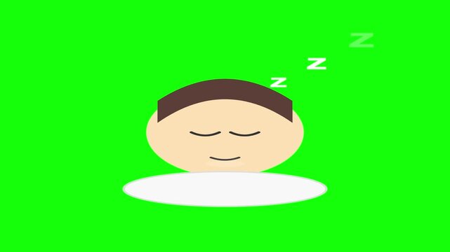 Sleeping cartoon character head with animated z symbols floating above resting on a pillow in this digital motion video clip