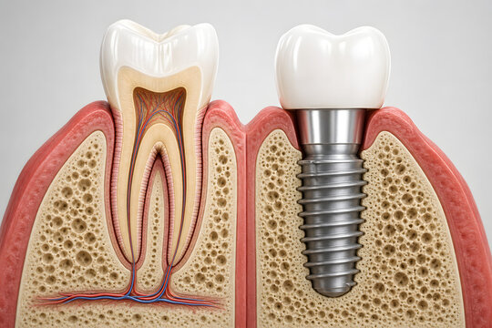 Natural tooth and dental implant cross section comparison