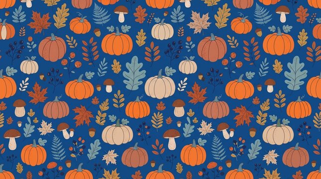 Autumn harvest pattern design with seasonal pumpkins, colorful leaves, mushrooms, and berries on a vibrant blue background
