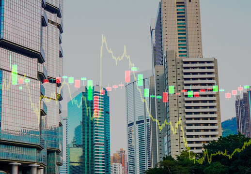 Commercial realty investment graph prices, trading exchange. Premier global hub, prime locations central in Hong Kong. Commercial real estate market HK. Stock market charts, skyscrapers tower skyline