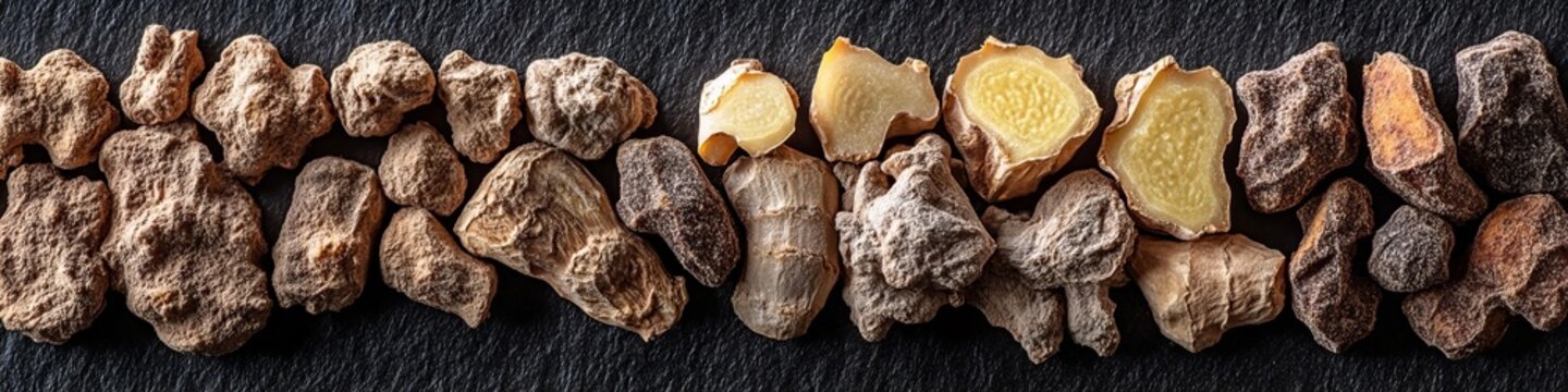 Selection of aromatic dried ginger root pieces on top perspective full frame detailed presentation.