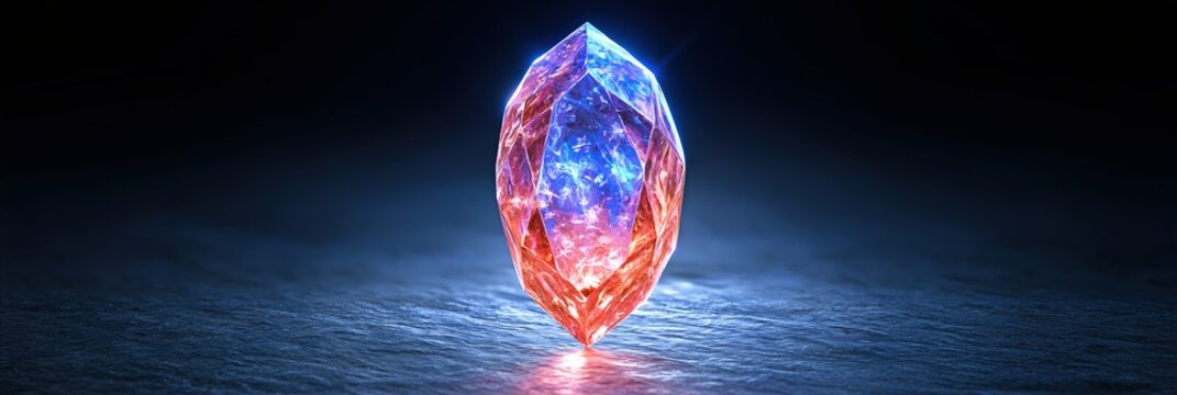 Glowing crystal with red and blue light on a dark, textured surface