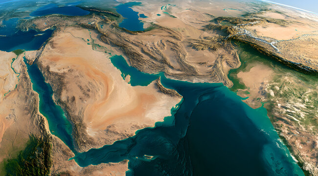 A satellite map at high resolution showing the Arabian Peninsula, with highlights on the Strait of Hormuz and Bab el Mandeb
