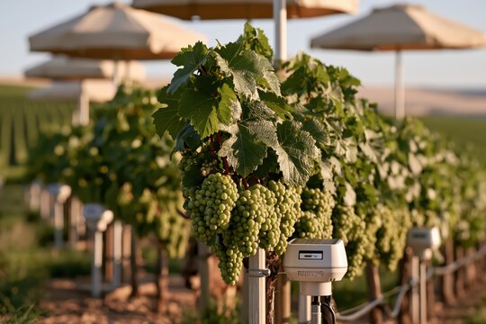 Green grapes harvest in sunny vineyard with wine industry technology
