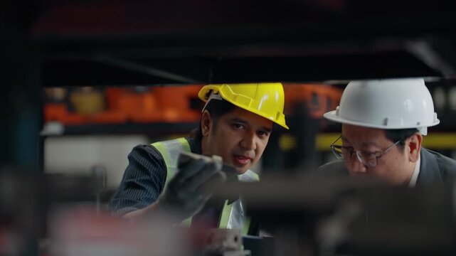 Two men inspect warehouse shelves. They discuss inventory with focus