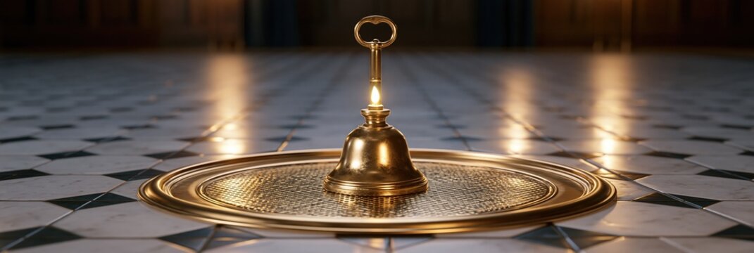 Golden Bell with Flame and Key on Ornate Tray on Marble Floor