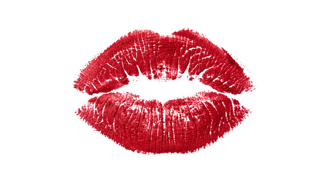 Red lipstick kiss mark on white background, vibrant crimson lip print with detailed texture, romantic makeup smudge for beauty and fashion design