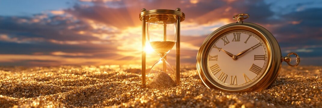 Golden Hour Sunset with Hourglass and Pocket Watch on Sandy Beach