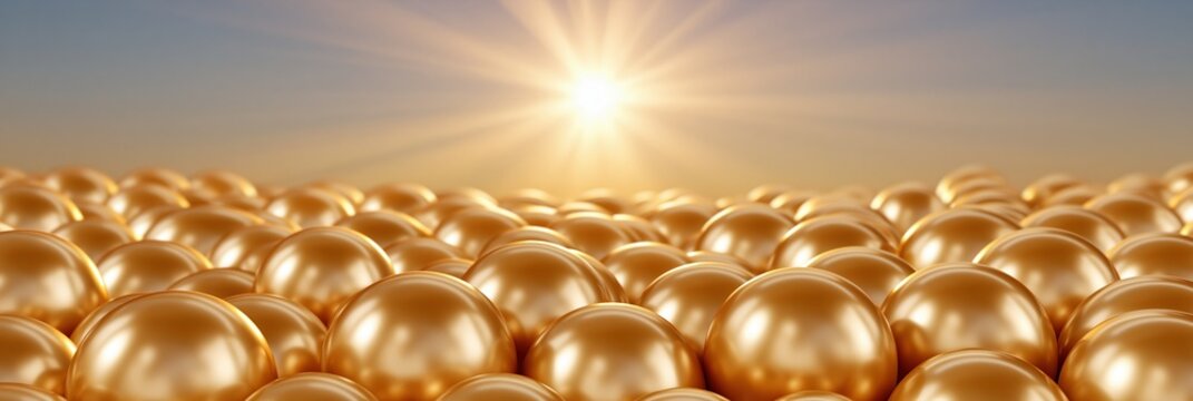 Golden Pearls or Capsules Reflecting Sunlight in a Field Under a Clear Sky