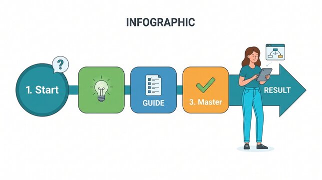 Cartoon woman using tablet computer to view a business process flow diagram leading to a successful result infographic concept.