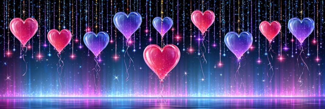 Heart shaped balloons floating against a dark background with sparkling lights and reflections