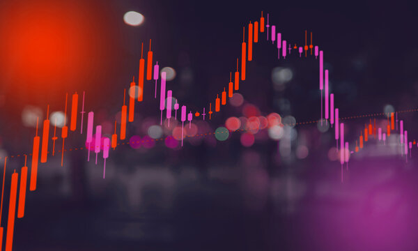 Financial candlestick chart with red and pink tones, overlaid with blurred city lights, representing dynamic market fluctuations and investment opportunities in a complex environment.