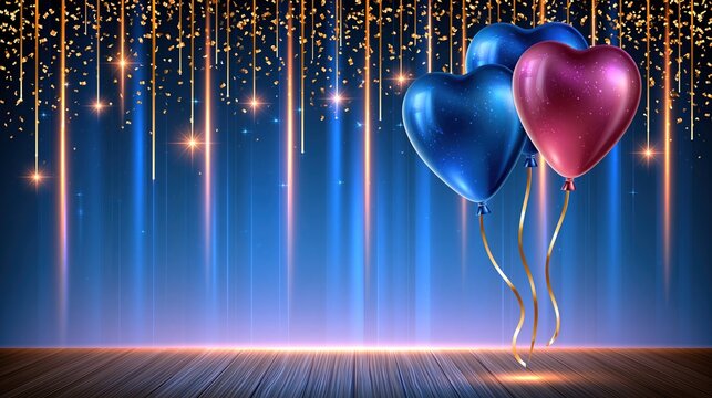 Heart-shaped balloons float against a backdrop of golden confetti and glowing blue lights on a wooden stage.