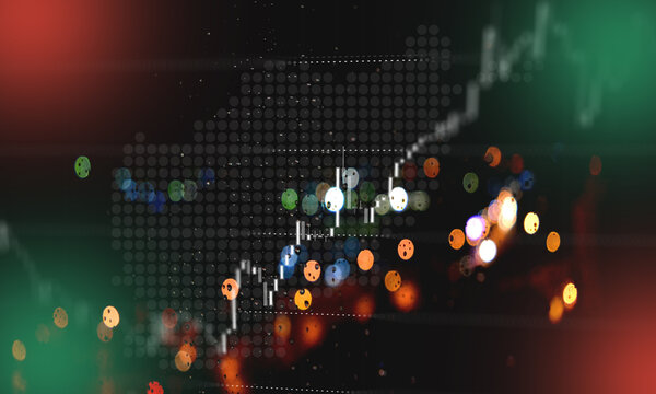 Candlestick chart overlaid on a world map, with colorful bokeh lights, depicting global financial market data and international investment trends against a dark backdrop.