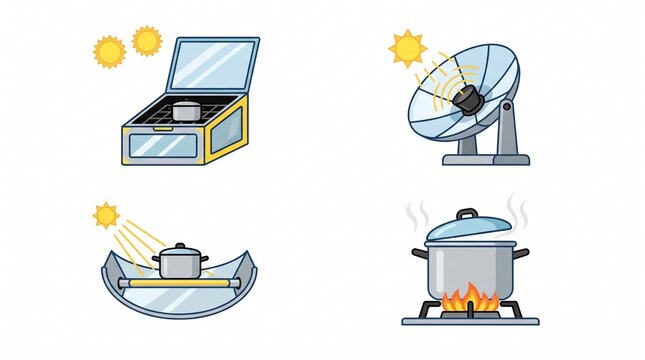 Clean energy cooking methods: solar cookers, parabolic dish, and traditional stove flat design vector illustration set