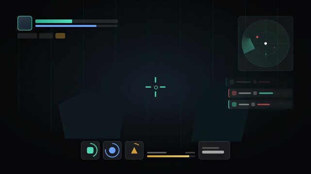 Abstract animated game HUD tracking score and health drawn as cyan and teal lines and dots on a deep dark background. Seamless looping 4K video element with free space around it, ideal for title seque