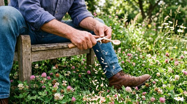 Man Carving Wooden Spoon Outdoors Amidst Spring Wildflowers and Clover spring