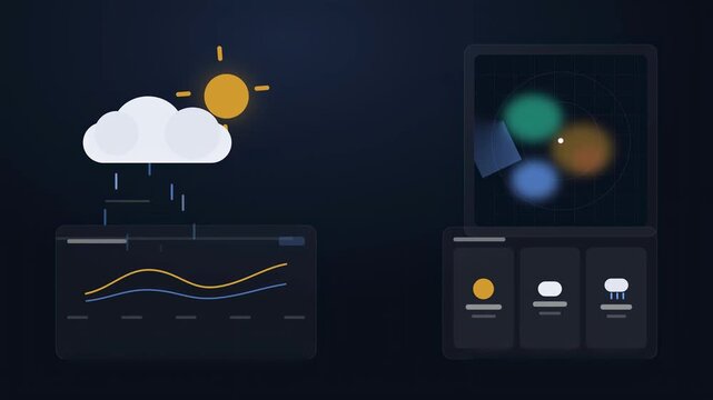 Abstract animated forecast radar tracking rain across a region drawn as amber and orange lines and dots on a deep dark background. Seamless looping 4K video element with free space around it, ideal fo