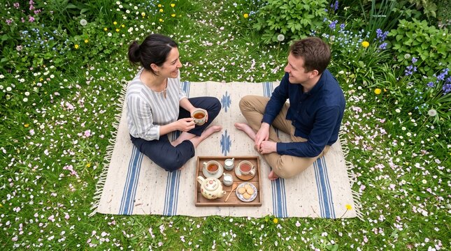 Couple enjoys springtime tea picnic amidst blooming garden flowers and fallen petals, evoking renewal and fresh living spring