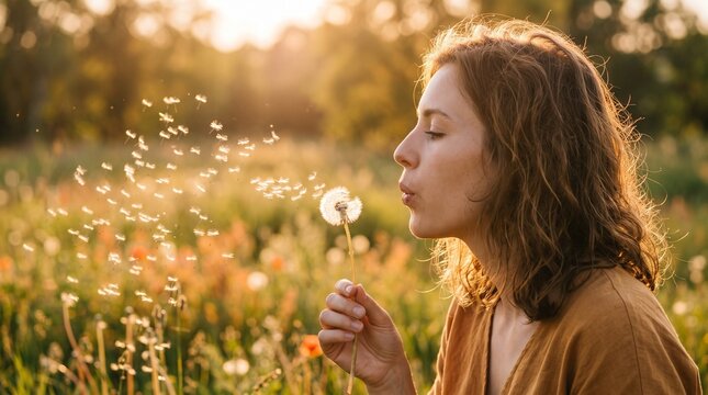 Woman Blowing Dandelion Seeds in Golden Hour Sunlight Evoking Southern Hemisphere Spring Renewal and Freshness spring
