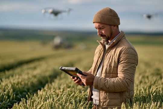 Farmer using digital tablet operating smart agriculture drone in field