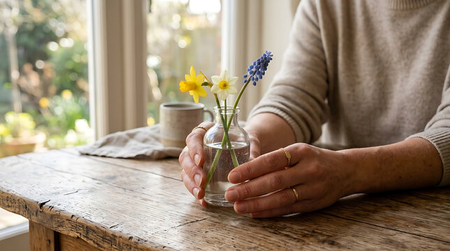 Cozy Spring Morning Refresh: Person Holds Daffodils and Muscari in Glass Vase by Sunny Window spring
