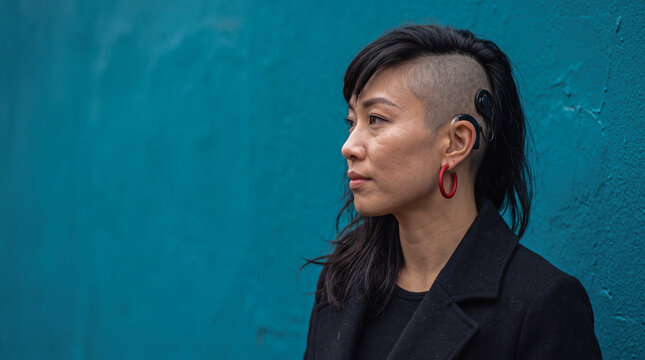 Woman with cochlear implant standing against a textured blue wall in a side profile shot