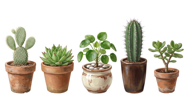 Potted succulent and cactus collection, five indoor houseplant varieties in ceramic pots, green desert plants on white background