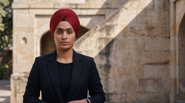 Sikh woman wearing a red turban and black blazer standing in an outdoor architectural setting representing professional diversity